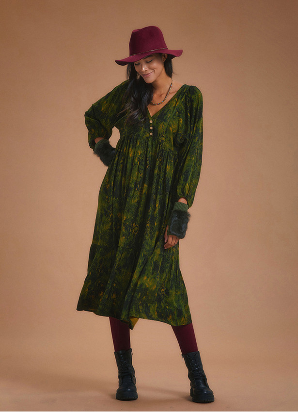 Loose Fit Tiered Long Puff Sleeve Dress